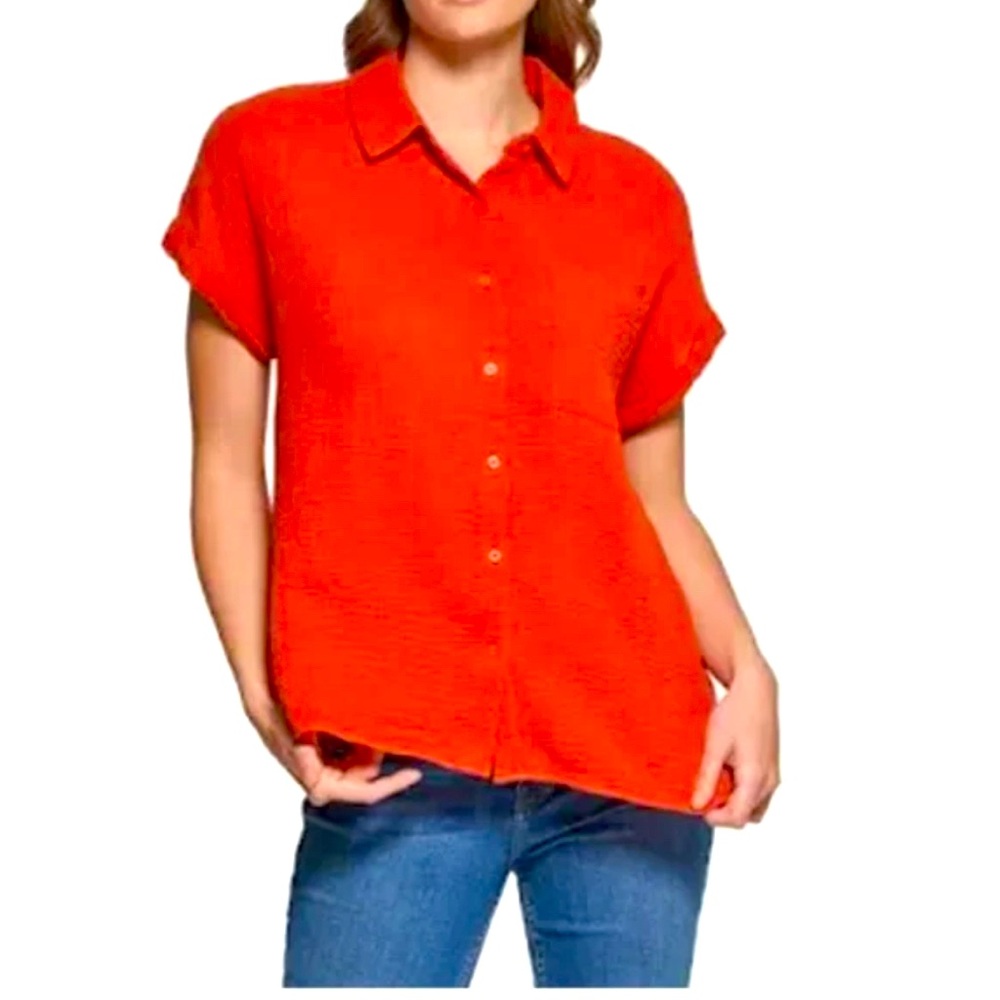 Calvin Klein Women’s Short Sleeve Breezy High Low Camp Shirt M Preppy Nautical